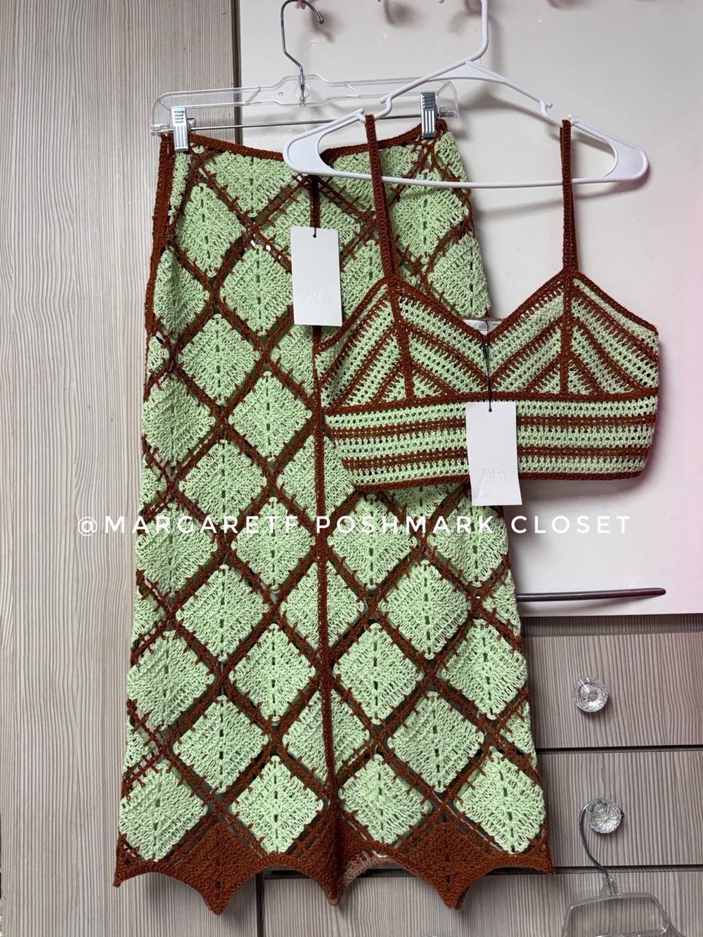 ZARA CROCHET SKIRT SET , COORD SET, green brown - Picture 15 of 15